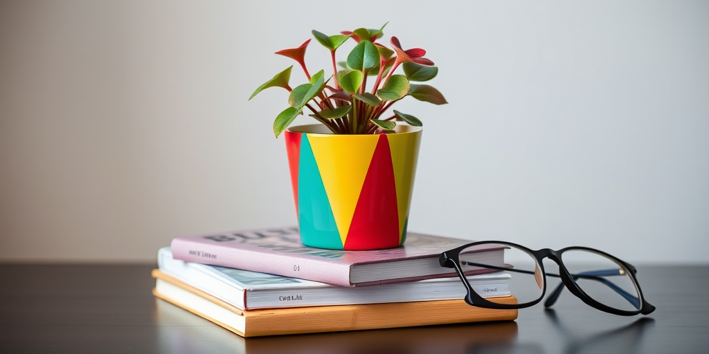 A vibrant still life of a potted plant with colorful pot sitting on stacked books, a pair of stylish glasses beside, soft natural lighting, aperture f/2.8, ISO 100, shutter speed 1/125s, portrait mode, taken with a DSLR camera.