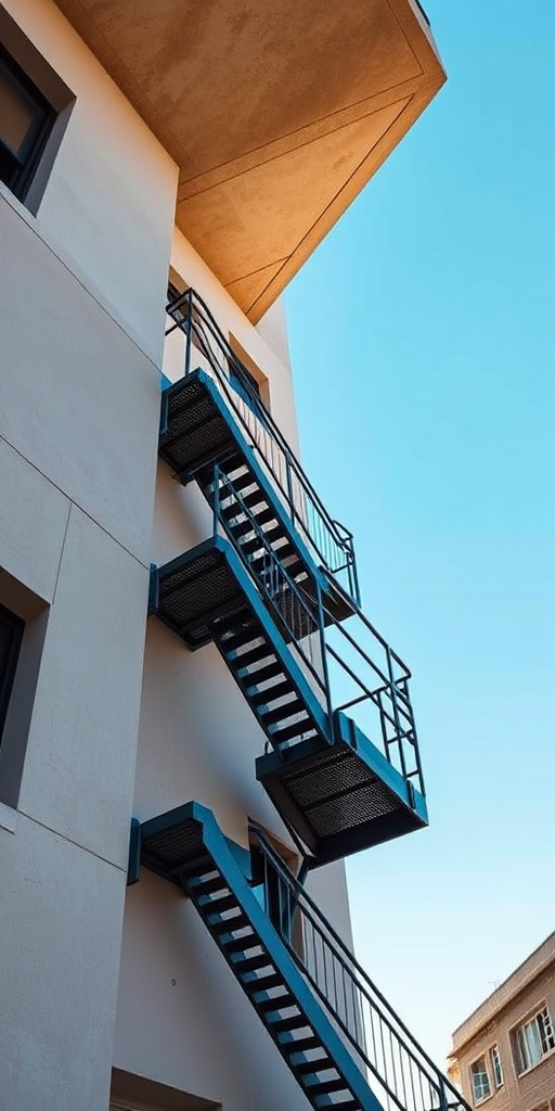 Capture a modern architectural shot of a building with metal fire escape stairs against a clear blue sky, using a Canon EOS R5, 50mm lens, f/8 aperture, ISO 100, and a high-resolution landscape mode for enhanced detail and clarity.