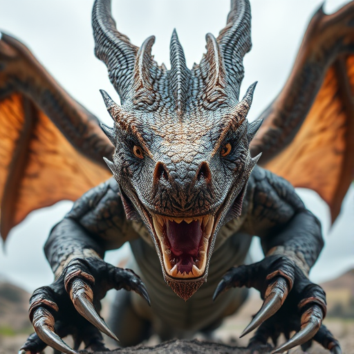 Create a high-resolution image of a fierce dragon with detailed scales and sharp claws, captured with a DSLR camera at f/2.8 aperture, ISO 100, and a shutter speed of 1/500s, from a dynamic low-angle view, using a soft diffused lighting style to enhance textures and colors.