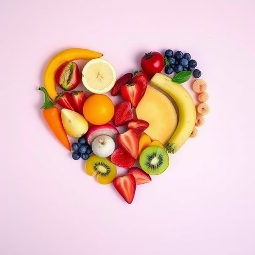 Create a vibrant heart shape made of assorted colorful fruit illustrations, captured with a wide-angle lens at f/8 aperture, ISO 100, and a 35mm lens on a full-frame DSLR, using natural light and a high-resolution setting for enhanced image quality.