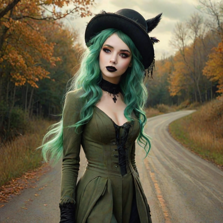 digital art fantasy depicting a strange girl with green hair, long eyelashes, black lipstick and a tall hat walking along a winding road on an autumn afternoon, an Lynx smiles as she passes