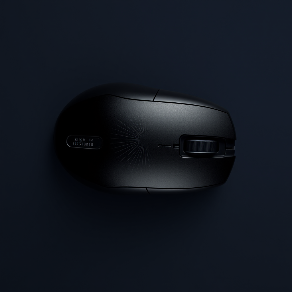 Create a high-resolution vector illustration of a black computer mouse from a top-down view, using a Canon EOS 5D Mark IV with a 50mm f/1.8 lens, aperture set to f/4, ISO 100, and a soft diffused lighting setup to eliminate shadows for clarity and detail.
