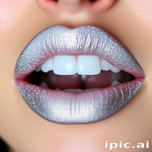 Glittery silver lips with holographic sparkles, titled "Stardust Shimmer," provide a dazzling, eye-catching look for special occasions