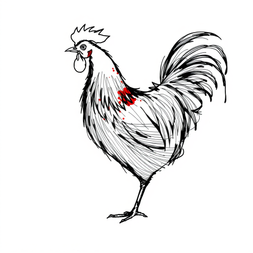 a pen-and-ink drawing that likely depicts a rooster. There is the suggestion of the bird's form created with frantic black ink lines. The bird has a long neck and its head is thrown back as though it is squawking.  One leg is visible and appears to be scratching at the ground. There is a red splash of color at the bird's wattle and comb. The background is an off-white paper.