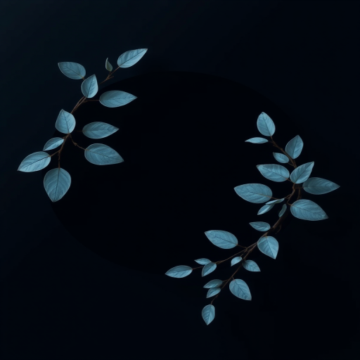 Generate a minimalist illustration of a dark circular frame with delicate blue leaves entwined around it, using a 50mm lens, f/2.8 aperture, ISO 100, natural light, and a soft focus style for a gentle, elegant effect.