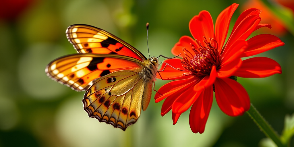 Close-up shot of a butterfly perched on a vibrant red flower, using a DSLR camera with a 50mm lens, aperture set to f/2.8 for a shallow depth of field, ISO 200, shutter speed 1/250 sec, natural sunlight for enhanced colors.