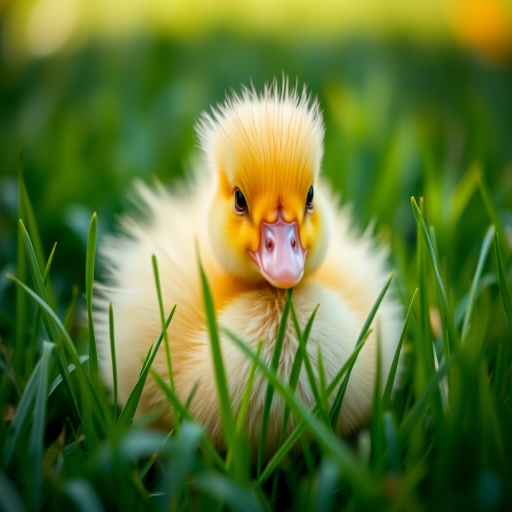 Close-up of a fluffy yellow duckling sitting in lush green grass, shallow depth of field, ISO 200, f/2.8 aperture, 50mm lens, natural sunlight, DSLR camera, macro photography style.