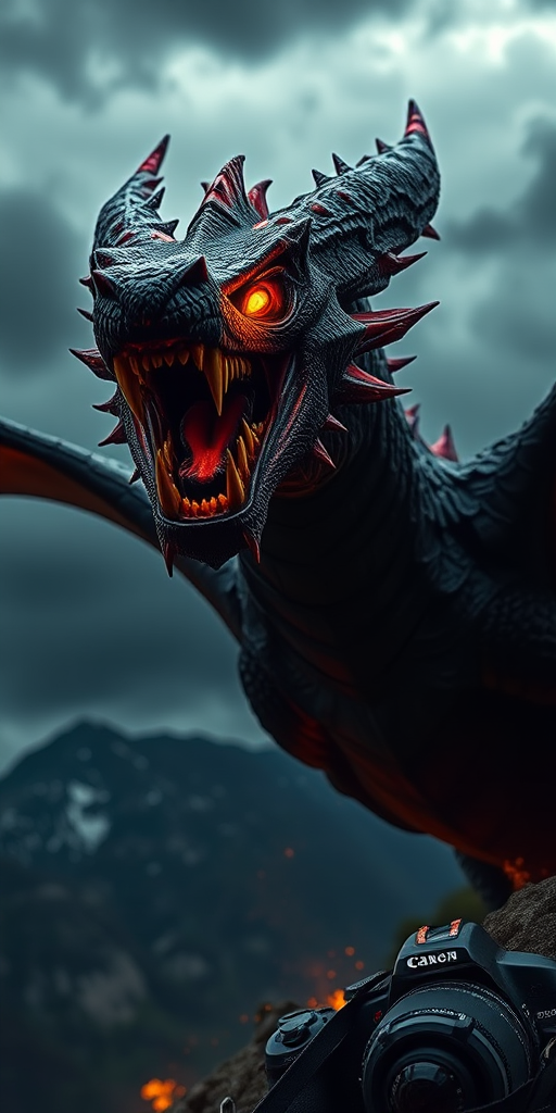 Create a highly detailed and dramatic image of a fierce dragon with glowing eyes and fiery elements, set against a dark, stormy sky with mountains in the background, using a DSLR camera with a 50mm lens, ISO 100, f/1.8, and a low-angle view to emphasize the dragon's imposing stature.