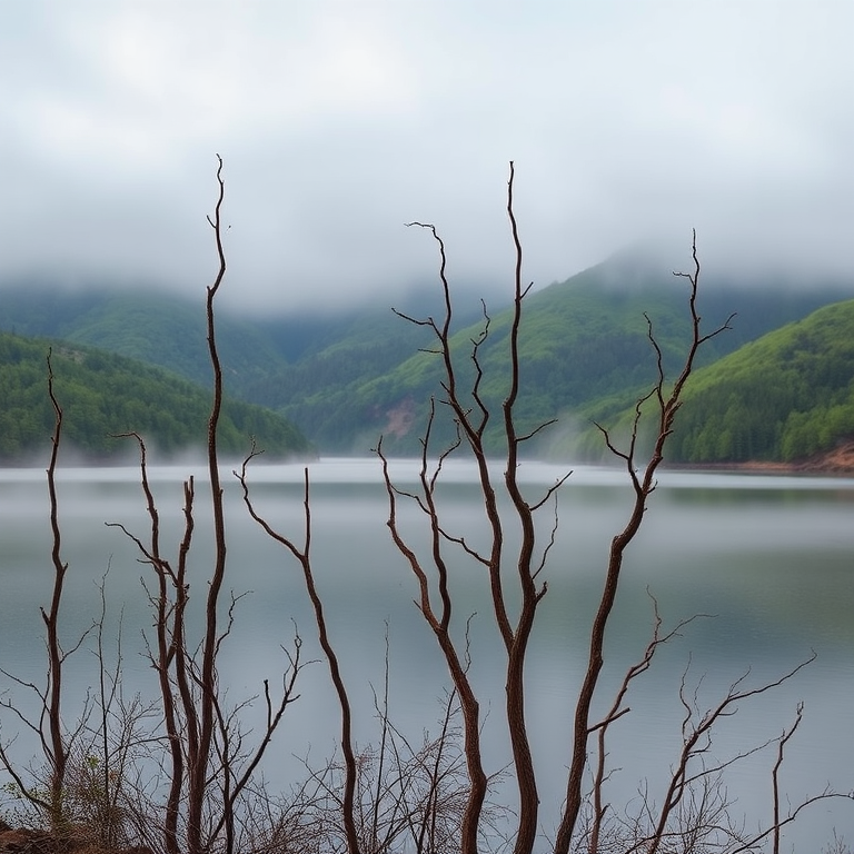 capture a misty landscape of a lake with dead trees in the foreground and lush green hills in the background, using a DSLR camera with a 24mm lens, f/8 aperture, ISO 100, and 1/200 sec shutter speed for enhanced clarity and depth of field