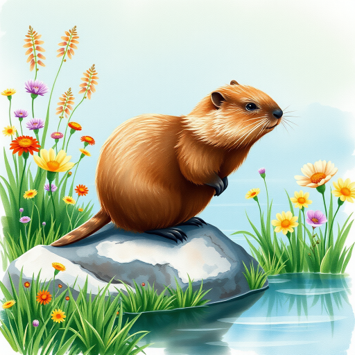 Create a high-resolution watercolor illustration of a cute beaver standing on a rock by a pond, surrounded by vibrant wildflowers and lush green grass, shot with a Canon EOS 5D Mark IV, 50mm lens at f/5.6, with soft natural lighting to enhance detail and color.