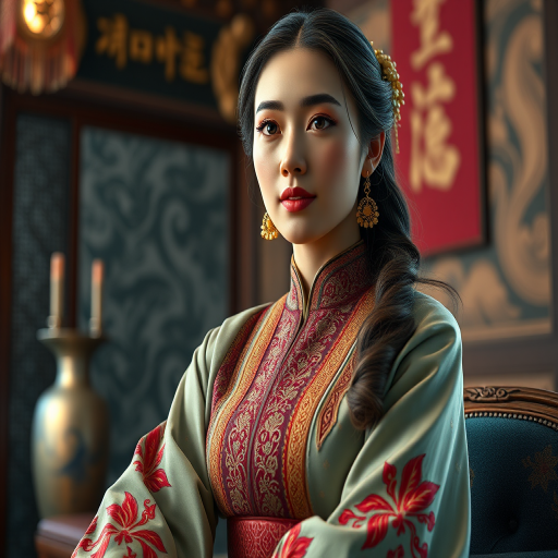 A beautiful Armenian woman in traditional East Asian attire, intricately detailed with embroidered patterns, sitting gracefully in a richly decorated room, soft ambient lighting, serene and elegant, ultra-realistic, 8K resolution