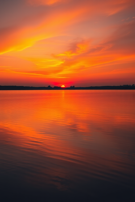 A high-resolution image of a vibrant sunset over a calm lake, captured with a Canon EOS R5, 35mm lens, f/8 aperture, ISO 100, 1/125 sec exposure, with soft lighting and vivid colors.