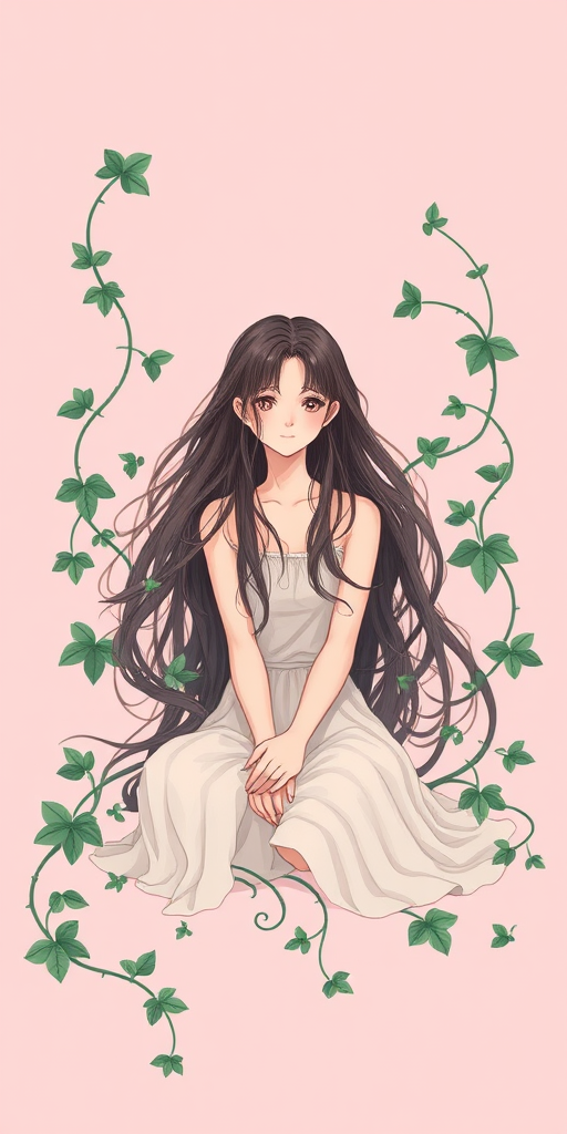 Create a digital illustration of a girl sitting with long flowing hair, surrounded by intertwining vines and leaves, on a soft pink background, using a Canon EOS R5, with a 50mm f/1.2 lens, at f/2.8 for a shallow depth of field, shot from a slightly elevated angle to emphasize the subject.