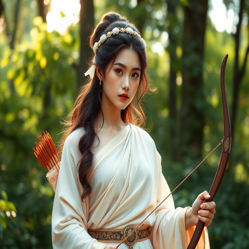 Create a portrait of a goddess-like Uyghur girl figure in a tranquil, forested environment. She has an elegant appearance with long, wavy hair styled in an updo and adorned with a delicate, floral headband. She wears a flowing, ancient Greek-inspired gown in a soft, pale color, featuring a one-shoulder design and draped fabric that accentuates her graceful form. The outfit includes a decorative belt with ornate gold detailing, and she holds a bow in her hand, with a quiver of arrows slung over her shoulder. The background depicts lush greenery, with sunlight filtering through the trees, casting a gentle, ethereal light on the scene. Her expression is calm and contemplative, embodying a sense of wisdom and serenity.