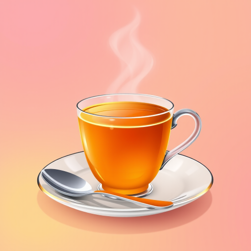 Create a high-resolution vector illustration of a steaming cup of orange tea on a saucer with a silver spoon beside it, soft gradient background from pink to yellow, shot with a DSLR camera at f/8 aperture, 50mm lens, soft focus for artistic effect.