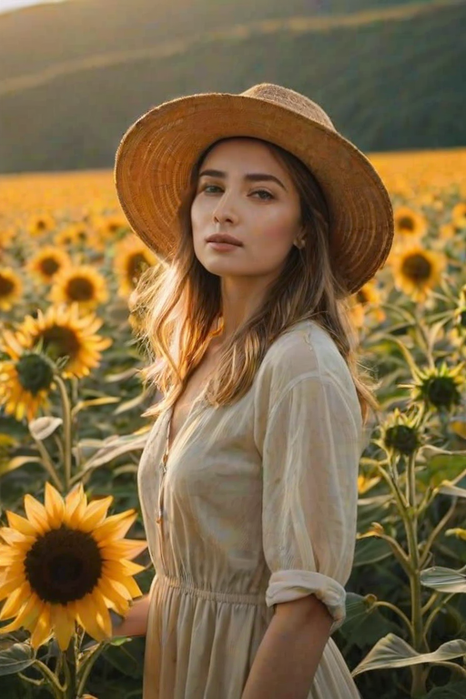 Sunlit sunflower field, golden blooms towering over the landscape, a woman in a wide-brimmed hat stands among the flowers, her hand gently touching the petals as the wind rustles the stalks.