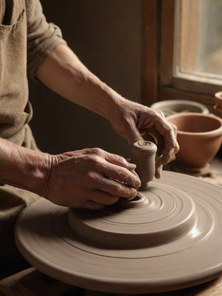 Warmly lit close-up of a potter's hands shaping clay on a spinning wheel, soft natural light streaming through a nearby window, with pottery tools scattered on a wooden table and a peaceful studio atmosphere.
