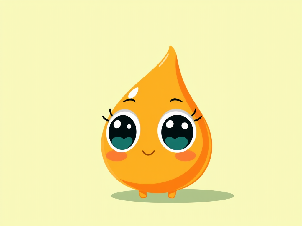 Create a cute cartoon character resembling a droplet with a smooth orange exterior, large expressive eyes, and a subtle shadow on a light green background, captured with a Canon EOS R5 at f/2.8, 50mm lens, ISO 100, in a bright and airy style.