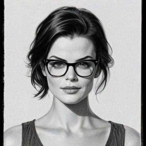 Delightful Jaimie Alexander, pencil sketch, portrait of Delightful woman 1979s in glasses, hair style beatnik, outline, clear lines, fine lines, 8k