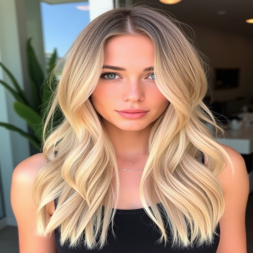 Sophisticated Champagne Blonde lob with soft, beachy waves, subtle lowlights, and face-framing highlights, creating a sun-kissed, effortlessly chic appearance