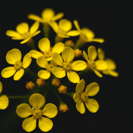 Close-up of a vibrant yellow flower cluster on a dark background, captured with a macro lens, aperture set to f/2.8, ISO 400, shutter speed 1/200s, using a DSLR camera with a natural light setting for enhanced detail and color contrast.