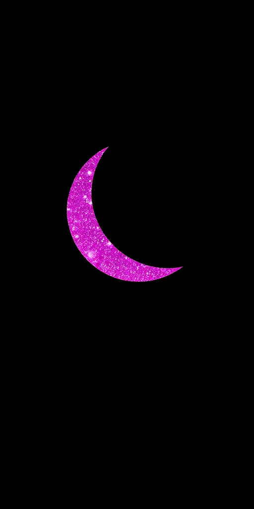 create a sparkling magenta crescent moon on a black background, captured with a DSLR camera at f/2.8 aperture, ISO 100, 50mm lens, portrait view, soft lighting to enhance the glitter effect