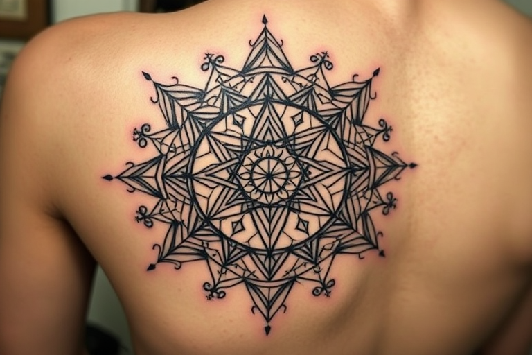 Intricate blackwork geometric tattoo called "Sacred Geometry" showcasing precise lines and complex patterns forming interconnected shapes and symbols inspired by ancient mathematical principles and spiritual designs