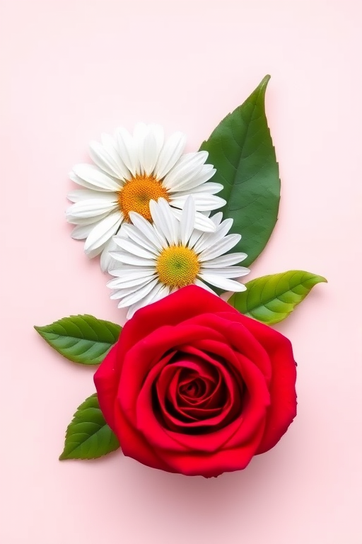 Generate an illustration of a white daisy, a green leaf, and a red rose arranged artistically on a soft gradient background, using a Canon EOS R5 camera with a 50mm f/1.8 lens, aperture set to f/2.8, ISO 100, and natural light for enhanced clarity and detail.
