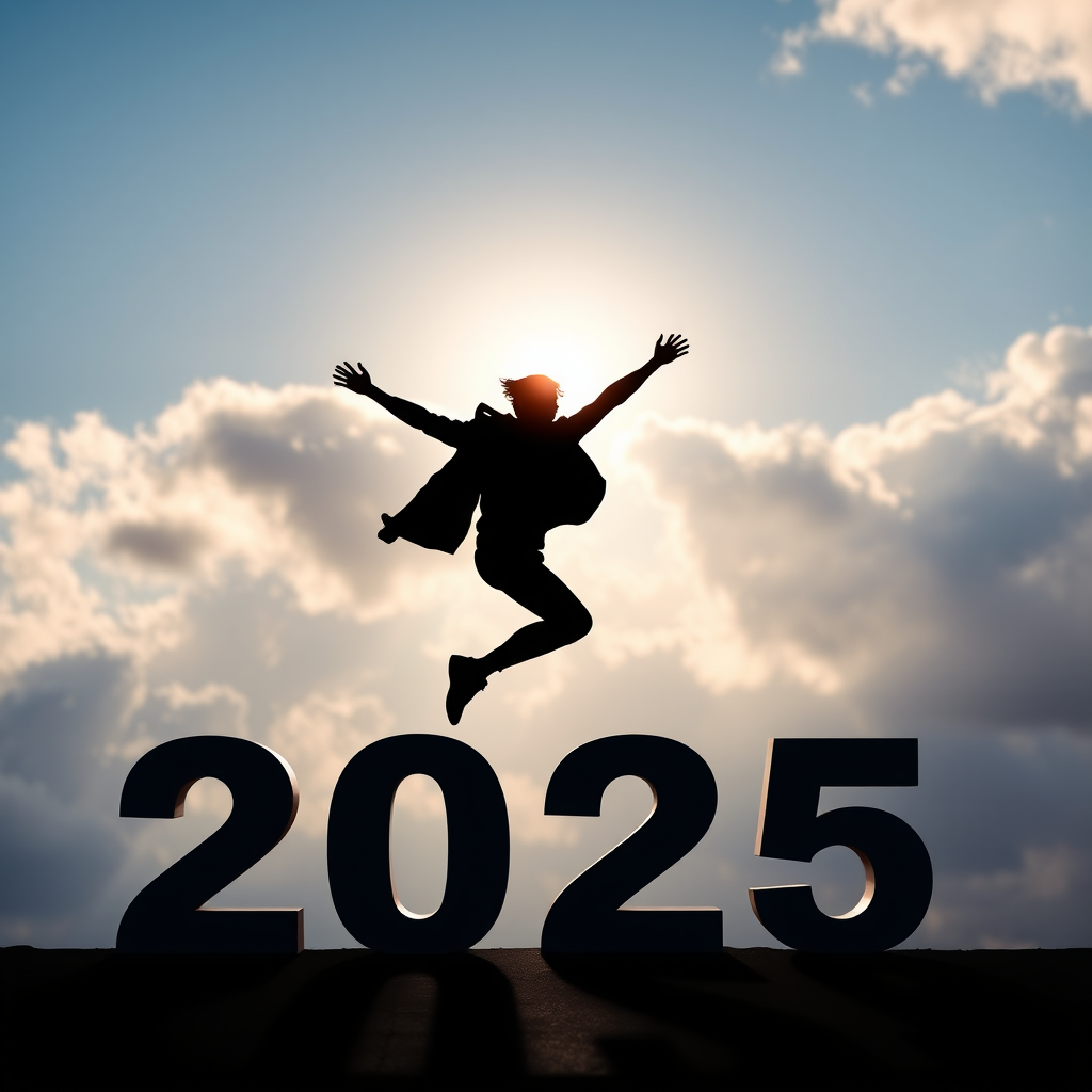 A silhouette of a person jumping over the years 2024 and 2025, with a blue sky background featuring clouds and a sun, shot with a DSLR camera at f/8 aperture, 1/200 sec shutter speed, ISO 100, 50mm lens, in landscape orientation for enhanced clarity and depth.