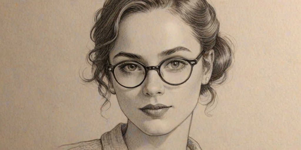 Fetching Erin Cahill, pencil sketch, portrait of Charming woman 1924s in glasses, hair style beatnik, outline, clear lines, fine lines, 8k