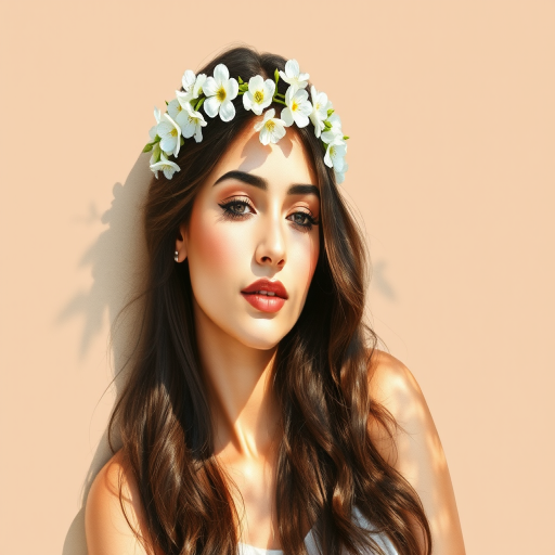 create a watercolor painting of an ethereal portrait of beautiful Pakistani woman with a simple white flower crown on her head. Her hair is long and she is lying on the ground. The sunlight on the trees casts shadows from the leaves on her face and body. The background is a neutral brown color that matches her skin tone. The image is minimalist and solid colors. This style is characterized by soft, delicate brushstrokes and a light, airy, contrasting color palette. High level of detail and play of light