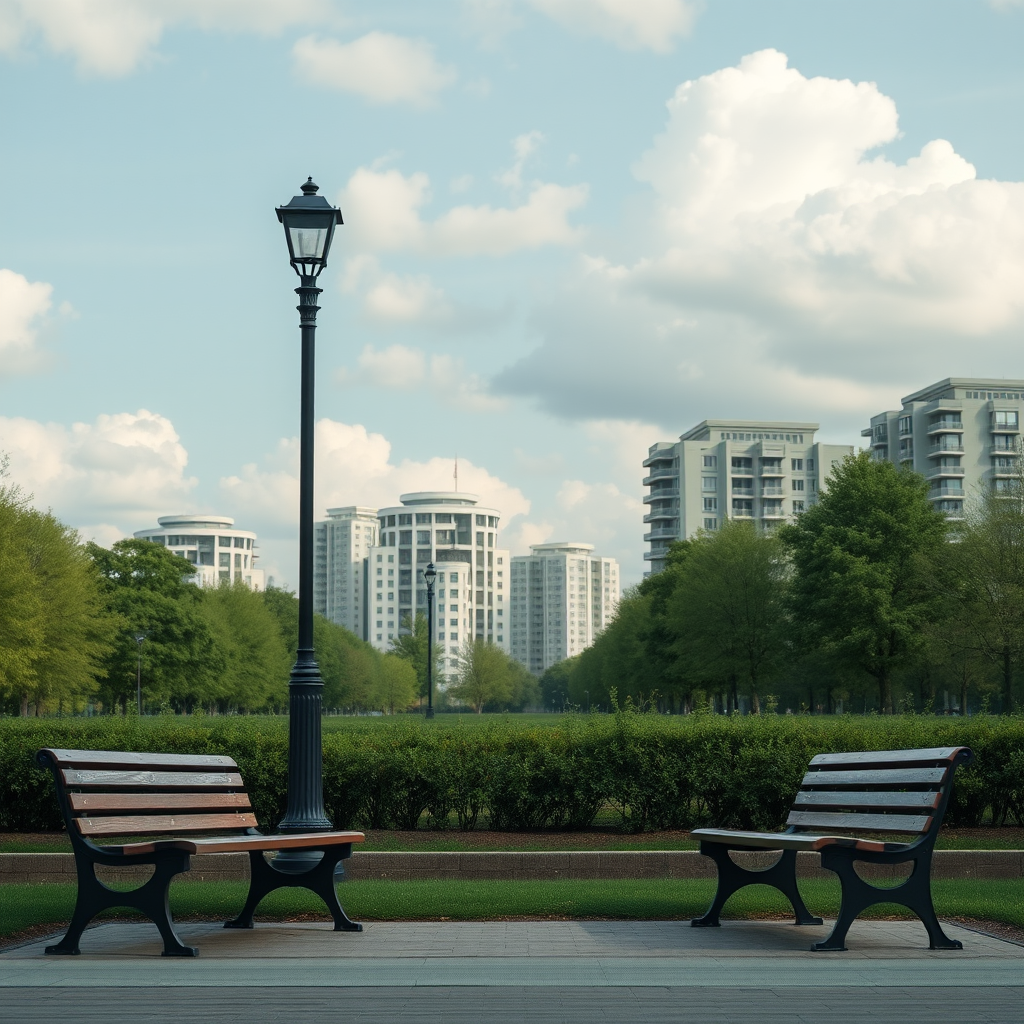 Create a serene city park scene with minimalistic buildings in the background, soft pastel green colors, two wooden benches, street lamps, and fluffy clouds, captured with a DSLR camera at f/8 aperture, 24mm focal length, ISO 200, balanced exposure, and shot from a slightly elevated angle to capture depth.