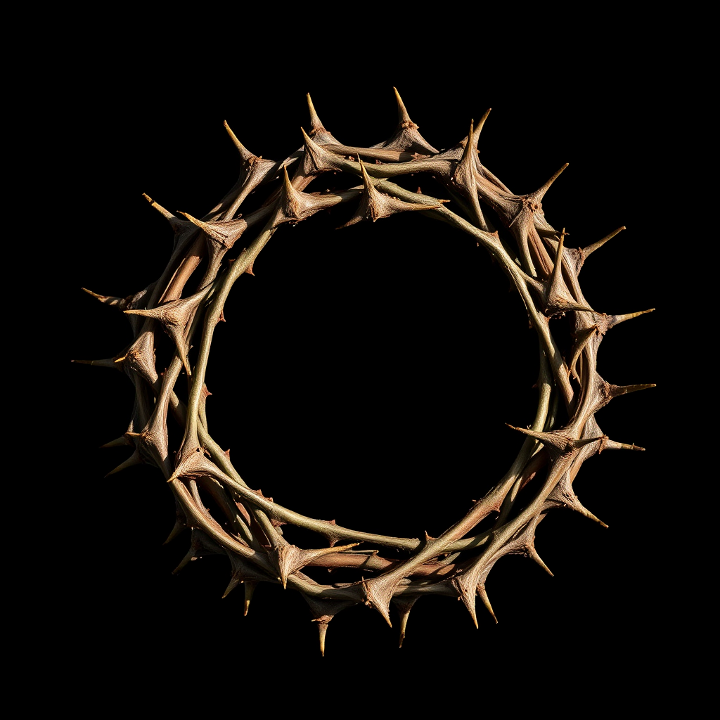 Create a detailed and realistic circular thorn crown with intricate thorn details and texture, set against a black background, photographed with a DSLR camera at f/4 aperture, ISO 100, 50mm lens, shot in natural lighting from a top-down view to enhance depth and shadow.