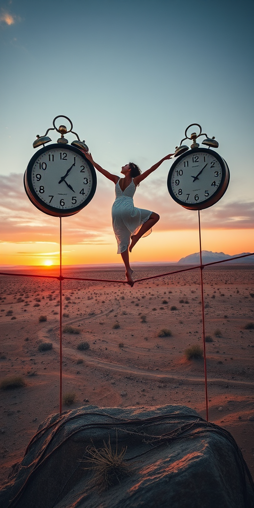 A surreal scene featuring a dancer balancing on a tightrope connected between vintage clocks in a vast desert landscape at sunset, shot with a Canon EOS 5D Mark IV, 24mm lens, f/8 aperture, ISO 100, at a low angle to capture depth and enhance colors.