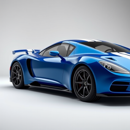 regenerate a hyper-realistic image of a blue sports car with white racing stripes, side angle view, 50mm lens, f/1.8 aperture, ISO 100, soft natural lighting with a gradient background to enhance details and reflections