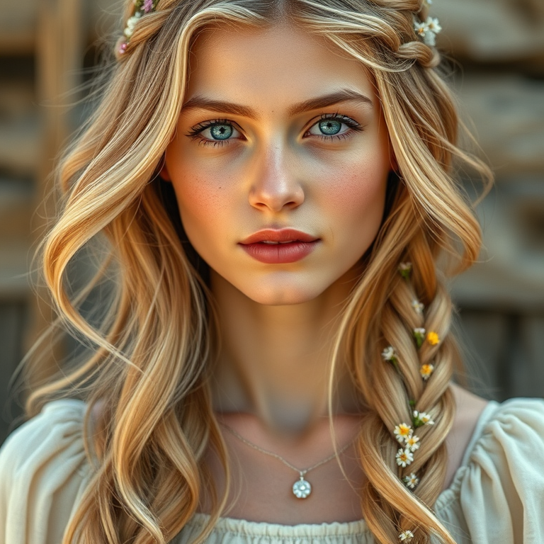 Create an image of a young Chaldean woman with long, wavy blonde hair, adorned with small, colorful flowers woven into her braids and loose strands. Her complexion is fair, with soft, glowing skin, and she has light blue eyes that gaze softly at the viewer. She wears a light, flowing dress with a gentle, ethereal quality, complementing her delicate and serene appearance. The background is slightly blurred, drawing focus to her tranquil expression and the intricate details of the flowers in her hair. The overall mood of the image is one of natural beauty and grace, evoking a sense of peacefulness and connection with nature.
