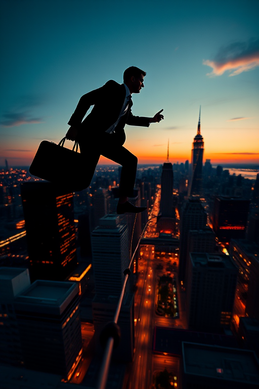 Create a high-contrast silhouette of a businessman running with a briefcase on a tightrope above a city skyline, shot with a Canon EOS R5 at f/4, ISO 100, 1/500s, in a wide-angle view, using a high dynamic range style for enhanced details.