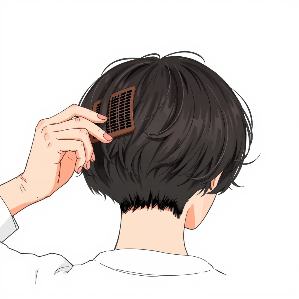 Create a detailed illustration of a person with short hair holding a comb behind their head, captured with a DSLR camera, aperture f/2.8, shutter speed 1/250s, ISO 100, taken from a slightly above angle to focus on the hair texture and comb.