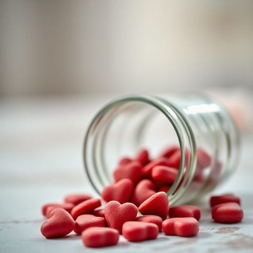 Create a high-resolution image of a glass jar spilling red heart-shaped candies, with a shallow depth of field, f/2.8 aperture, ISO 100, 50mm lens, natural soft lighting.