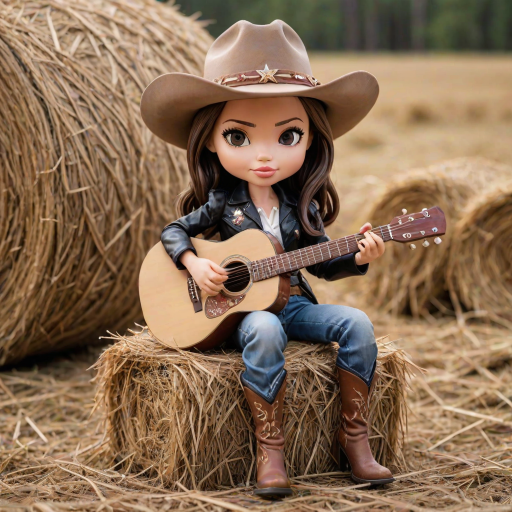A chibi angelina jolie, dressed as a cowboy, playing guitar, sitting on a hay bale