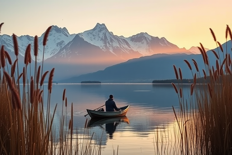 Generate a serene landscape of a person in a boat on a calm lake surrounded by tall reeds with snow-capped mountains in the background, shot with a Canon EOS R5, 24-70mm lens, aperture f/8, ISO 100, at sunrise, in landscape orientation, capturing high detail and vibrant colors.