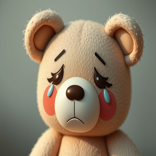 Create a digital illustration of a sad bear toy with tears, using a soft color palette with textured shading, capture in a close-up view, Canon EOS R5, 50mm f/1.2 lens, aperture set to f/2.0, ISO 100, natural soft lighting to enhance details and mood.