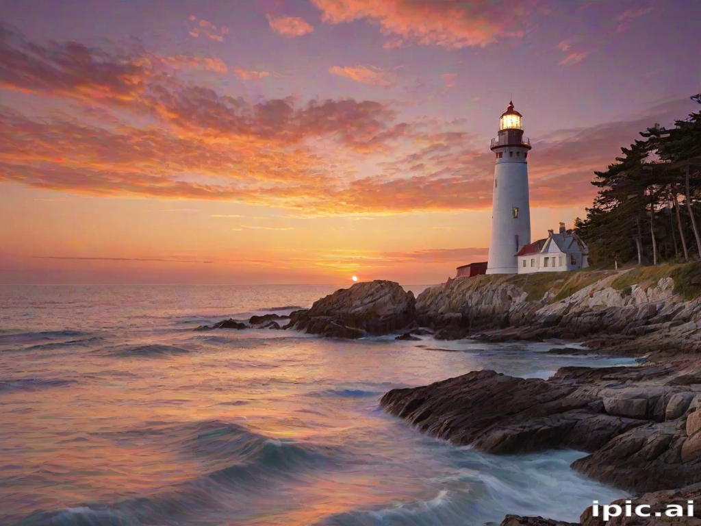 Generate an image of a tall lighthouse perched on a rocky outcrop surrounded by calm ocean waters during a breathtaking sunset. The lighthouse stands sturdy and weathered, its stone surface illuminated by the warm golden light of the setting sun. The sun's rays pass directly through the glass lantern room at the top of the lighthouse, casting a brilliant light across the scene. The sky is painted with vibrant shades of orange, pink, and purple, reflecting off the tranquil sea. The surrounding water shimmers with the same warm hues, creating a serene and majestic atmosphere.