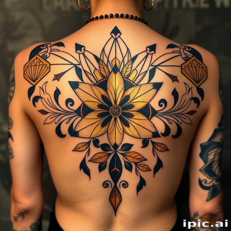 Elegant art deco tattoo titled "Golden Age Glamour" showcasing geometric patterns and stylized floral motifs in metallic gold and black ink, capturing the essence of 1920s sophistication on the back
