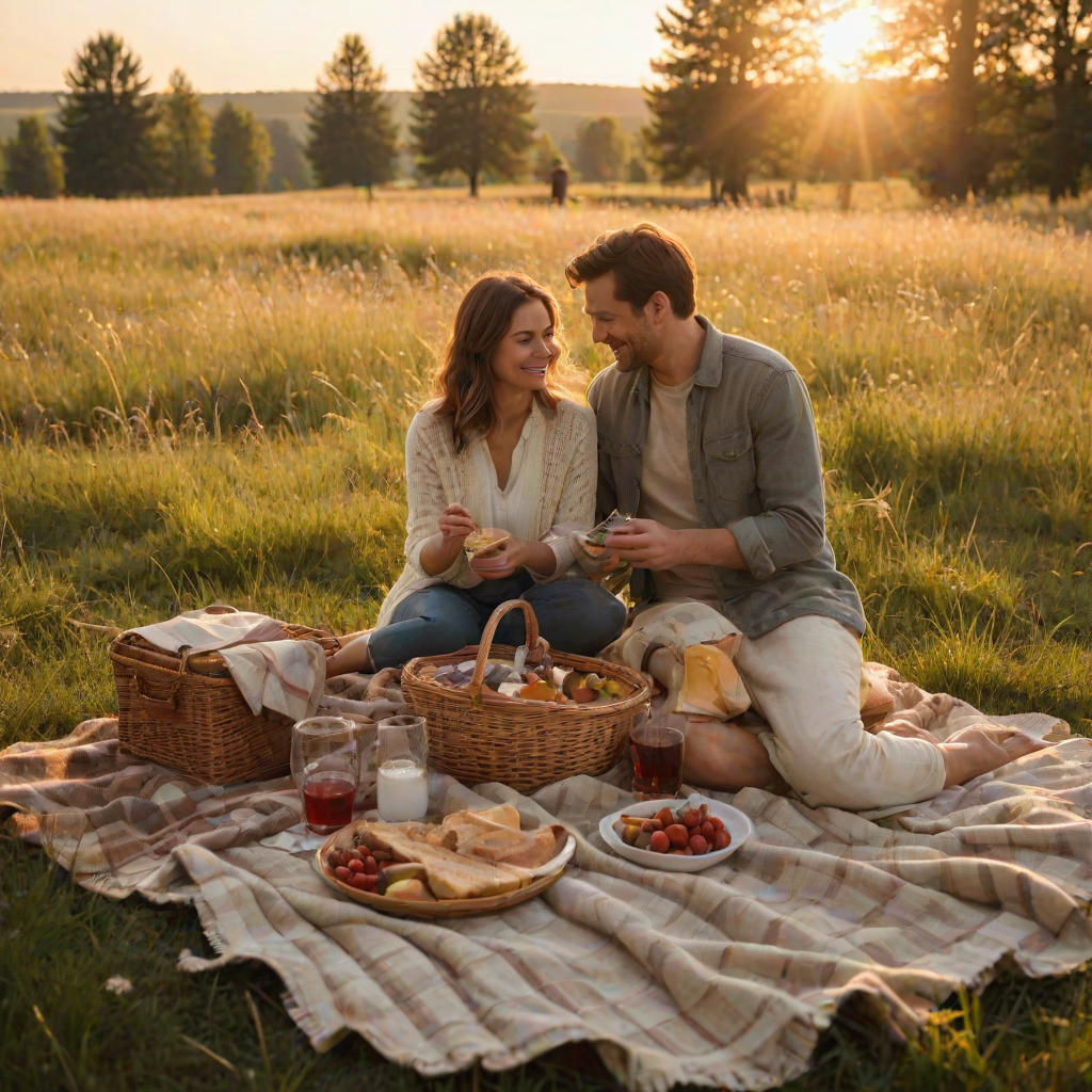 Warmly lit image of a couple sharing a picnic in a meadow at sunset, soft golden light casting long shadows on the grass, with a wicker basket and blanket scattered with food and drinks nearby.