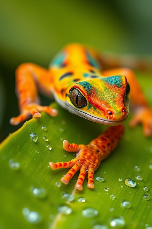 A close-up shot of a vibrant, colorful gecko resting on a dew-covered leaf, with sharp focus on its details and vivid colors, taken with a DSLR camera at f/2.8 aperture, ISO 100, 1/200 sec shutter speed, using a macro lens, in natural light for enhanced quality.