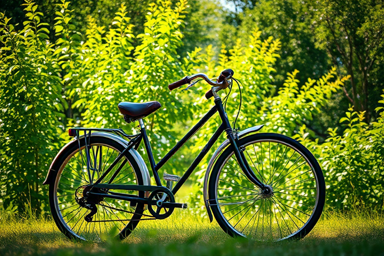 Capture a vintage bike leaning against a lush, green background with natural light, using a DSLR camera at f/4 aperture, 50mm lens, ISO 100, and a shallow depth of field to enhance image sharpness.