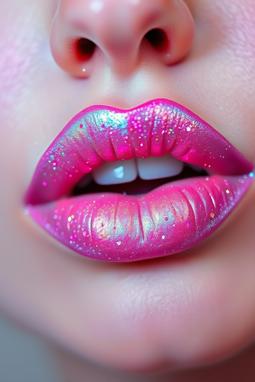 Whimsical "Fairy Dust" iridescent lip gloss with holographic sparkles, transforming from pink to blue depending on light, enchanting and playful