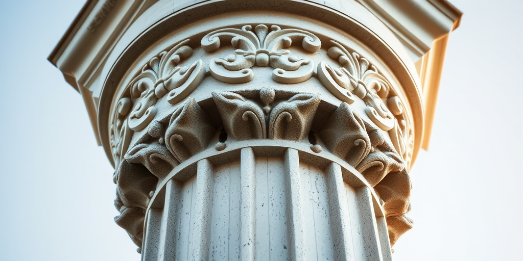 Generate a detailed image of a Corinthian column capital with intricate floral designs and fluted details, captured from a low-angle view using a DSLR camera, aperture f/8, ISO 100, shutter speed 1/200 sec, with soft natural lighting to enhance texture.