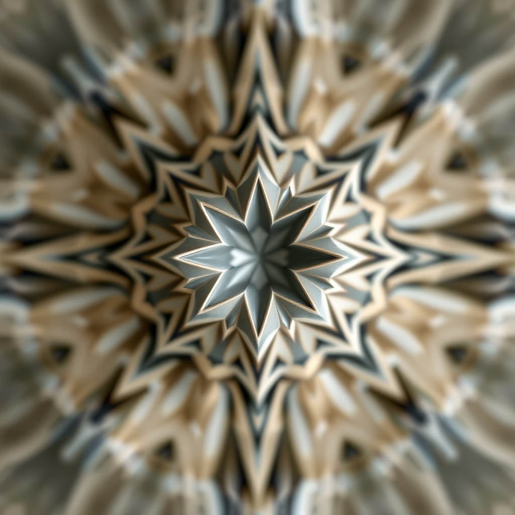 Generate a high-resolution image of an abstract geometric design, using a 50mm lens at f/1.8 aperture, ISO 100, with a shallow depth of field and a soft focus background, captured in a top-down view with a DSLR camera for enhanced clarity and detail.